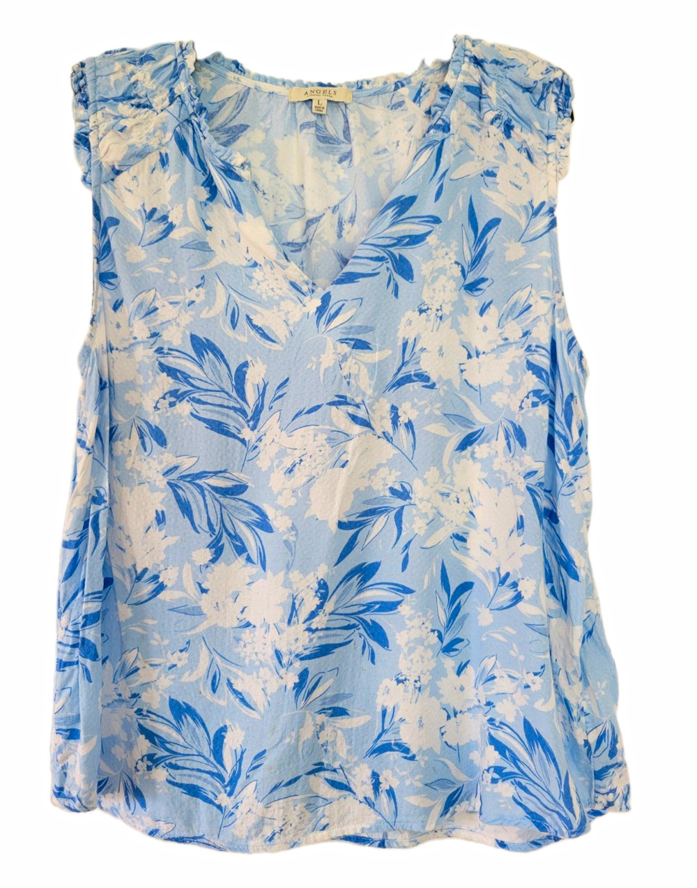 Angels Forever Young Blue Floral Blouse L Coastal Cottagecore Ruffle Sleeveless